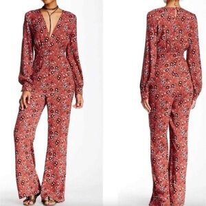 Red Floral V-Neck Long Sleeve Jumpsuit